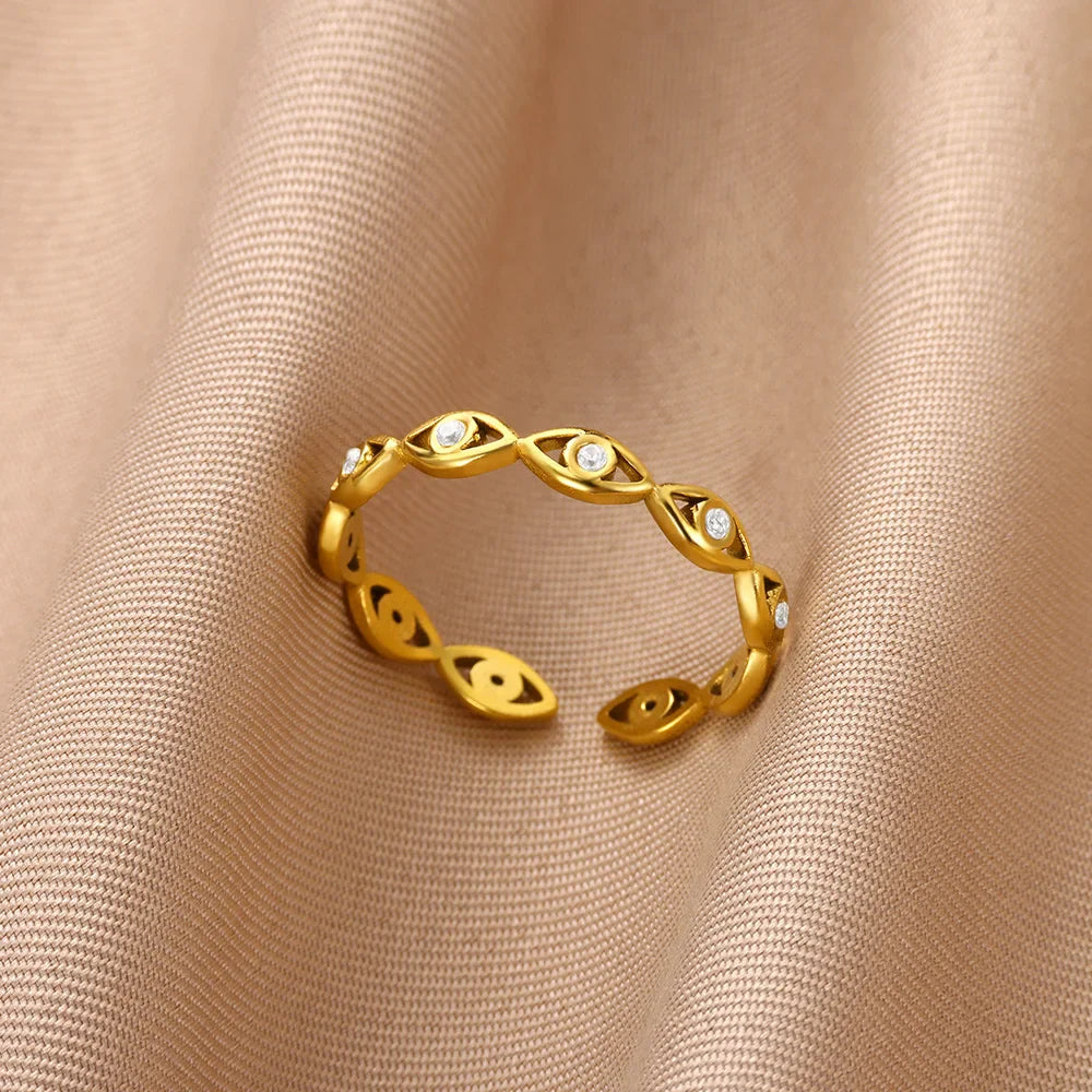 Green Zircon Evil Eye Rings For Women Stainless Steel Gold Color Geometric Open Ring New Wedding Waterproof Fashion Jewelry Gift Vera Lux