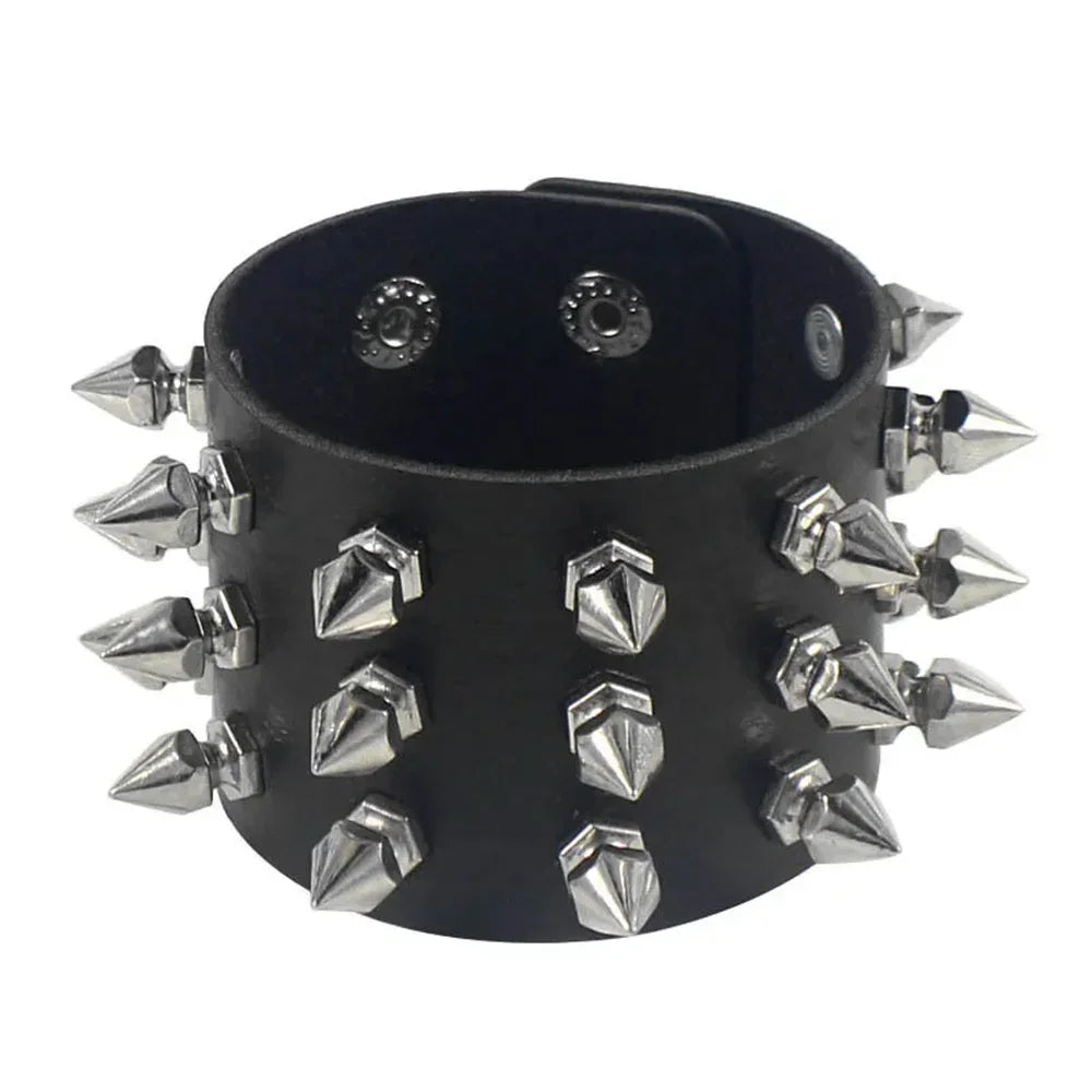 PU Leather Studded Bracelet Punk Spike Rivets Cuff Black Wristband Bracelet For Rock - themed Events Vera Lux