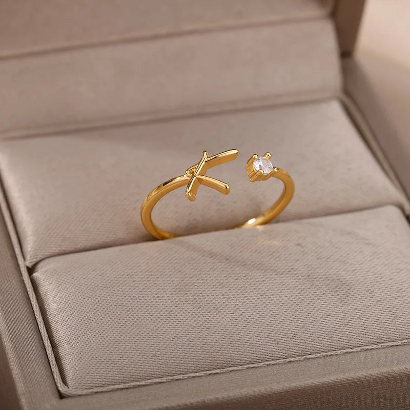 Zircon Tiny Initial Letter Rings For Women Stainless Steel A-Z Letters Adjustable Ring Female Christmas Aesthetic Jewelry Gift Vera Lux