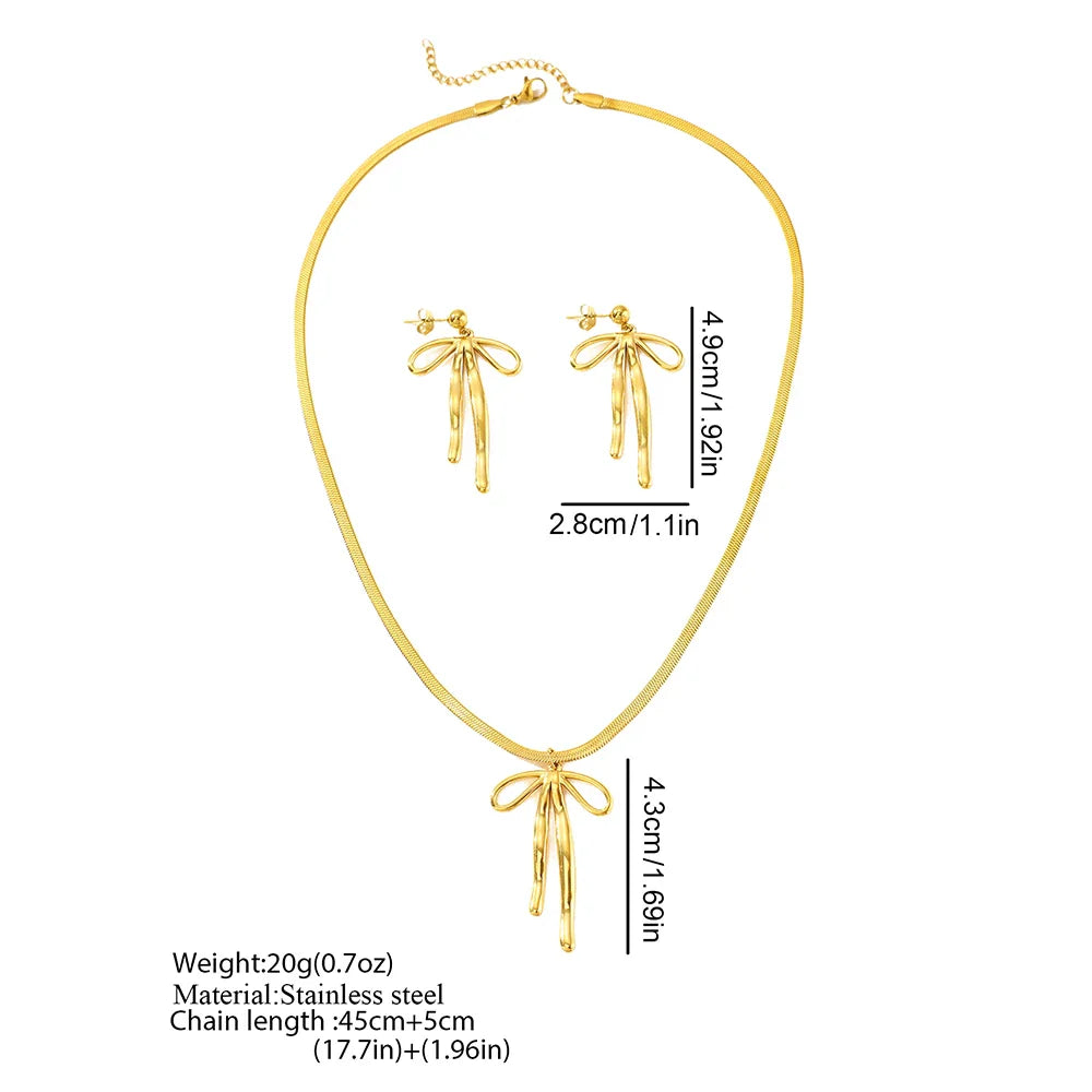Aomogo Stainless Steel Set Luxury Fashion Bow Tie Pendant Snake Bone Chain Earrings Necklace Set for Women Jewelry Daily Match Vera Lux