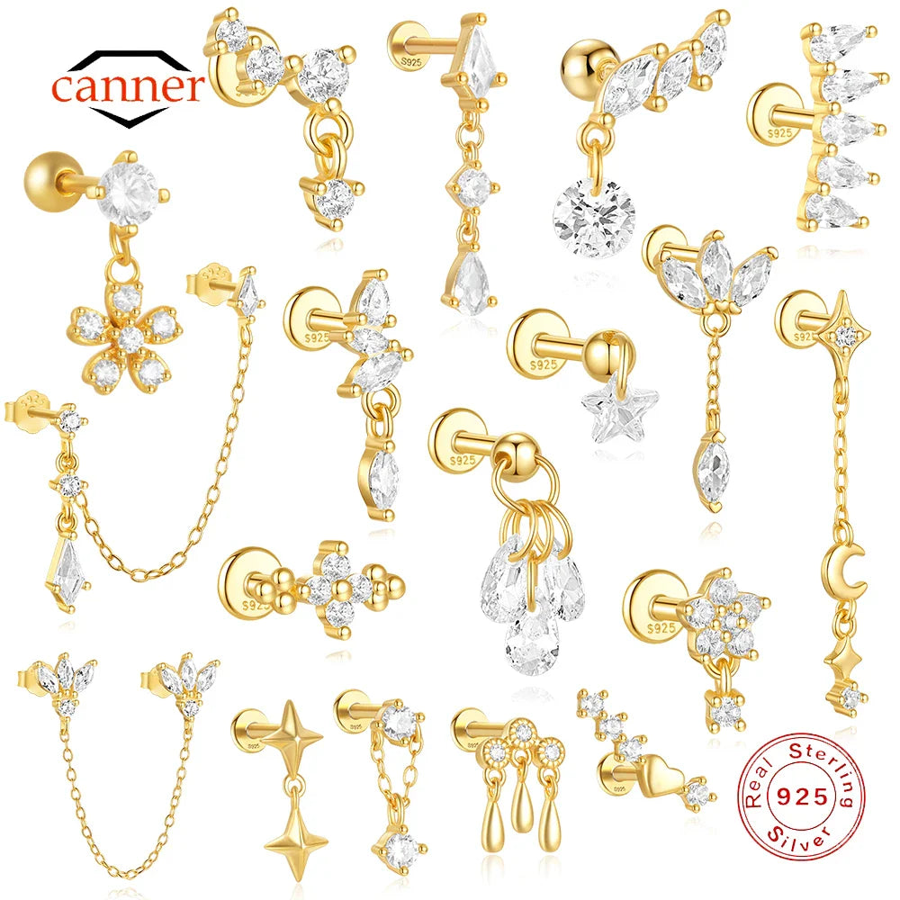 CANNER 1PC Four Pointed Star Moon Tassel Lotus Cartilage Spiral Puncture 925 Sterling Silver Stud Earring For Women Ins Earring Vera Lux