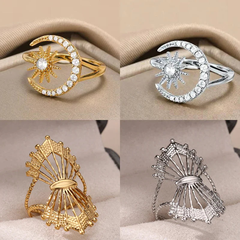 Zircon Star Moon Rings For Women Gold Color Stainless Steel Geometric Star Moon Ring Engagement Wedding Christmas Jewelry Gift Vera Lux