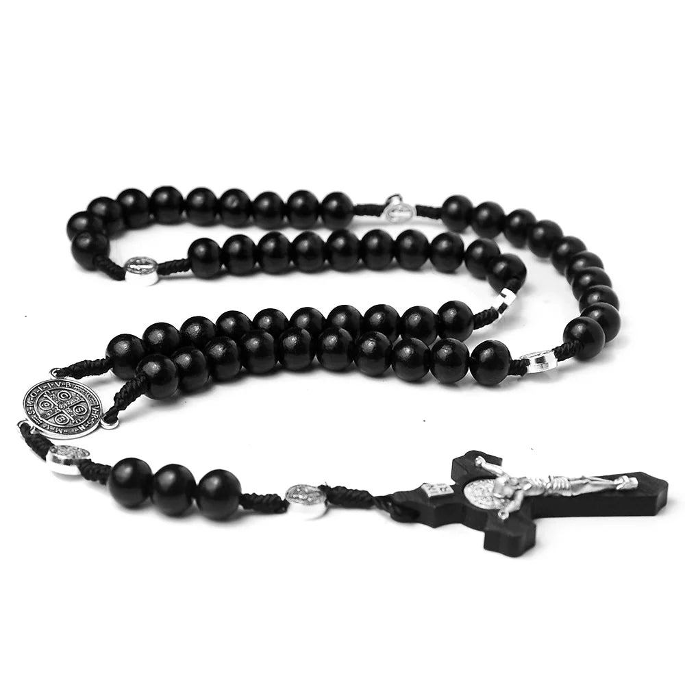 Catholic Wood Beaded Rosary Necklaces For Women Christian INRI Crucifix Cross Pendant Long Chain Men Religion Prayer Jewelry Vera Lux