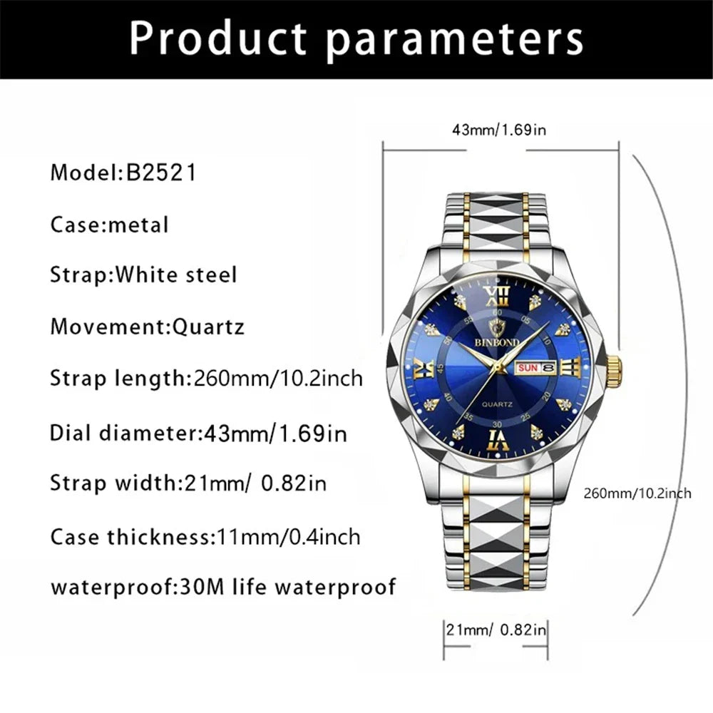 New Gold Business Leather Casual Diamond Clock Men Luxury Watch Automatic Watches Mens Fashion Quartz Wristwatches Orologi Uomo Vera Lux