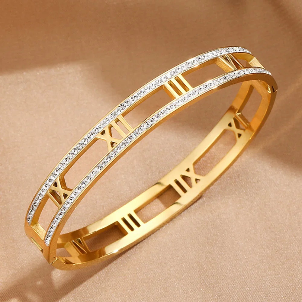 Luxury Crystal Hollow Roman Numeral Bracelets For Women Men Stainless Steel Unisex Bangle Fashion Classic Jewelry Accessories Vera Lux