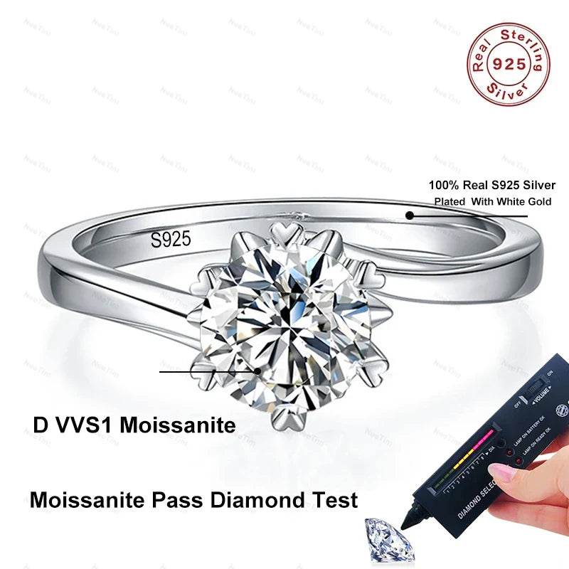 NeeTim 0.5ct-2ct Moissanite Ring Lab Diamond Ring for Women S925 Silver Snowflake Engagement Wedding Band Jewelry Certified Vera Lux