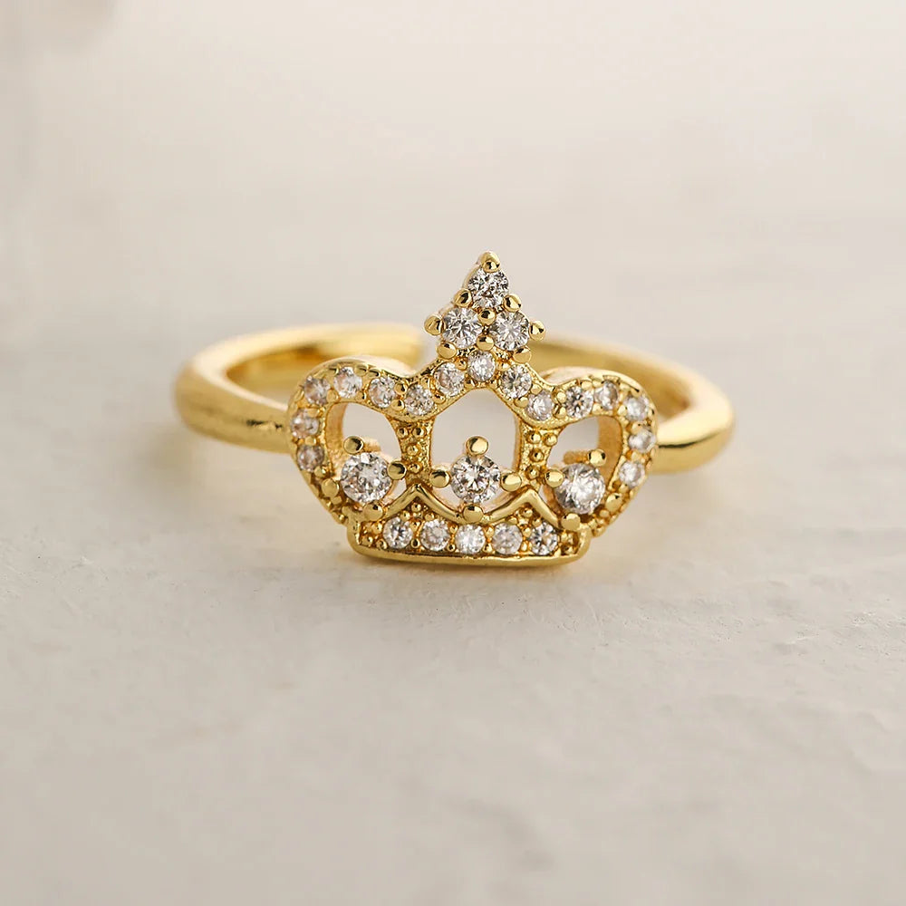 NEWBUY 2025 Trendy Gold Color Crown Charm Finger Rings Open Design Adjustable Shiny CZ Zircon Wedding Jewelry Female Vera Lux