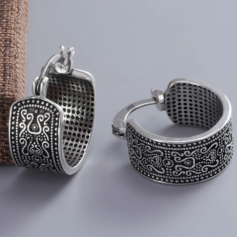 925 Sterling Silver Texture Flower Earrings For Women Gothic Trendy Simple Retro Earring Jewelry Party Accessories Vera Lux