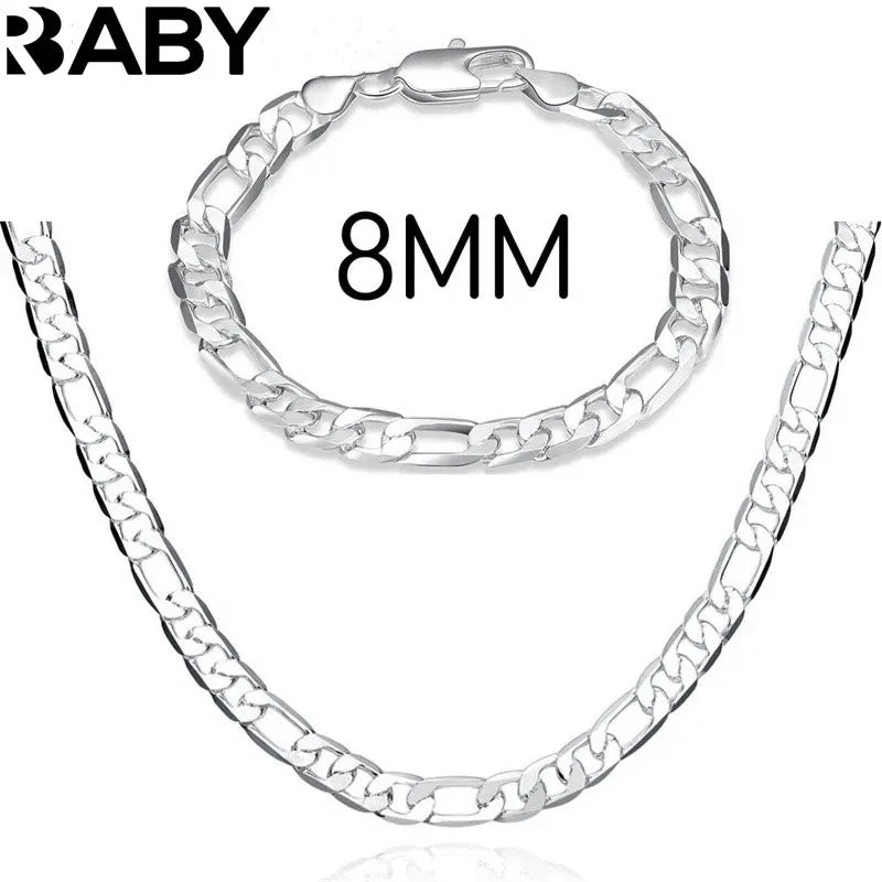 925 Sterling Silver Bracelet Necklace Jewelry Set Men And Women Classic 8MM Chain Fashion Charm Wedding Holiday Gift Vera Lux