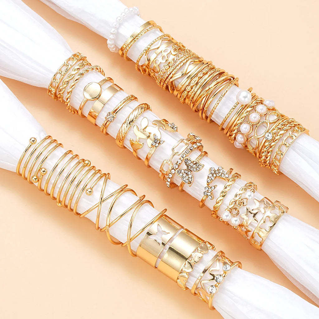 58PCS Vintage Heart Snake Butterfly Rings Set for Women Fashion Metal Gold Plated Geometric Hollow Finger Ring Jewelry Gifts New Vera Lux