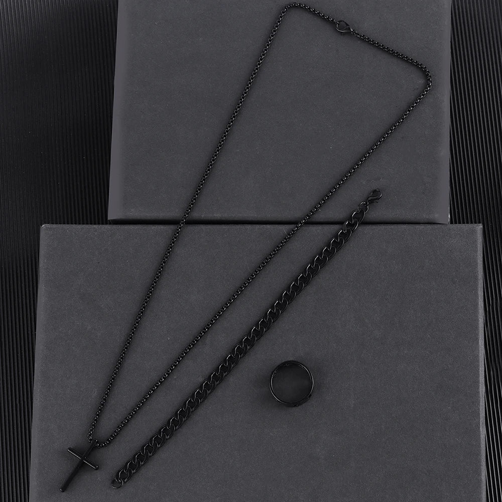 3pcs Set Men's Stainless Steel Metal Cross Pendant Chain Necklace Bracelet Ring Jewelry Set Male Hip Hop Daily Wear Accessories Vera Lux
