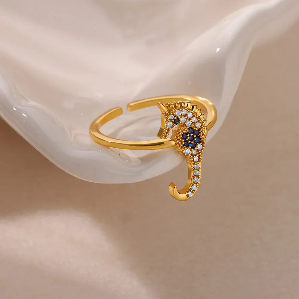 Green Zircon Seahorse Rings For Women Ocean Shell Starfish Turtle Stainless Steel Gold Color Finger Ring Summer Beach Jewelry Vera Lux
