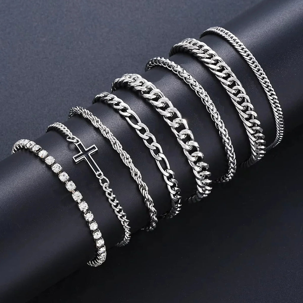 8Pcs Stainless Steel Cross Cuban Bracelets For Men Women Punk Silver Color Crystal Twist Chain Bracelet Daily Wear Fashion Vera Lux