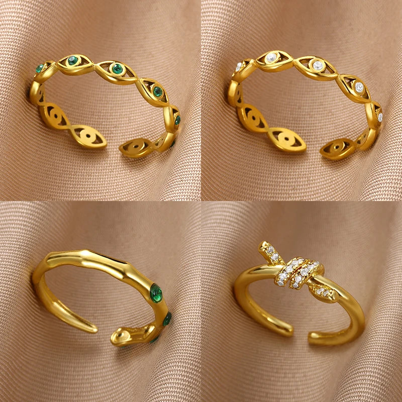 Green Zircon Evil Eye Rings For Women Stainless Steel Gold Color Geometric Open Ring New Wedding Waterproof Fashion Jewelry Gift Vera Lux