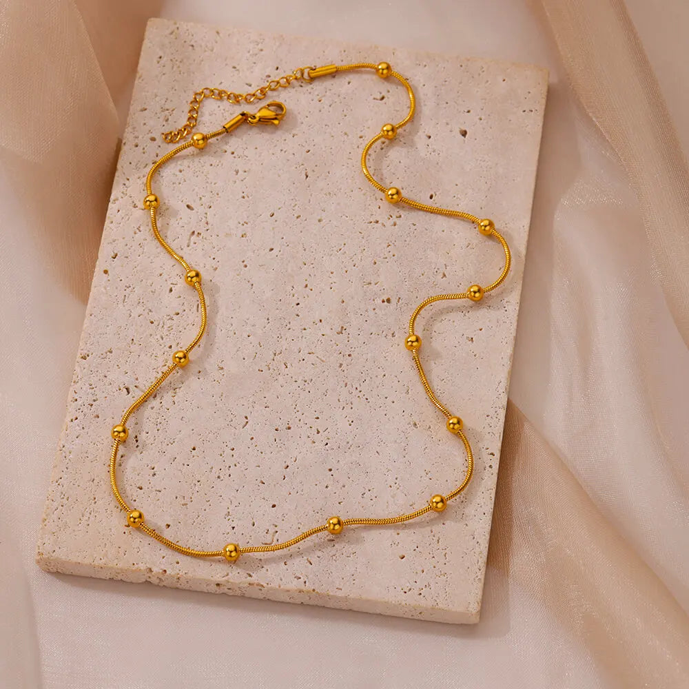 Stainless Steel Beaded Round Snake Chain Necklaces For Women Gold Color Geometric Necklace Luxury Wedding Party Jewelry Gift BFF Vera Lux