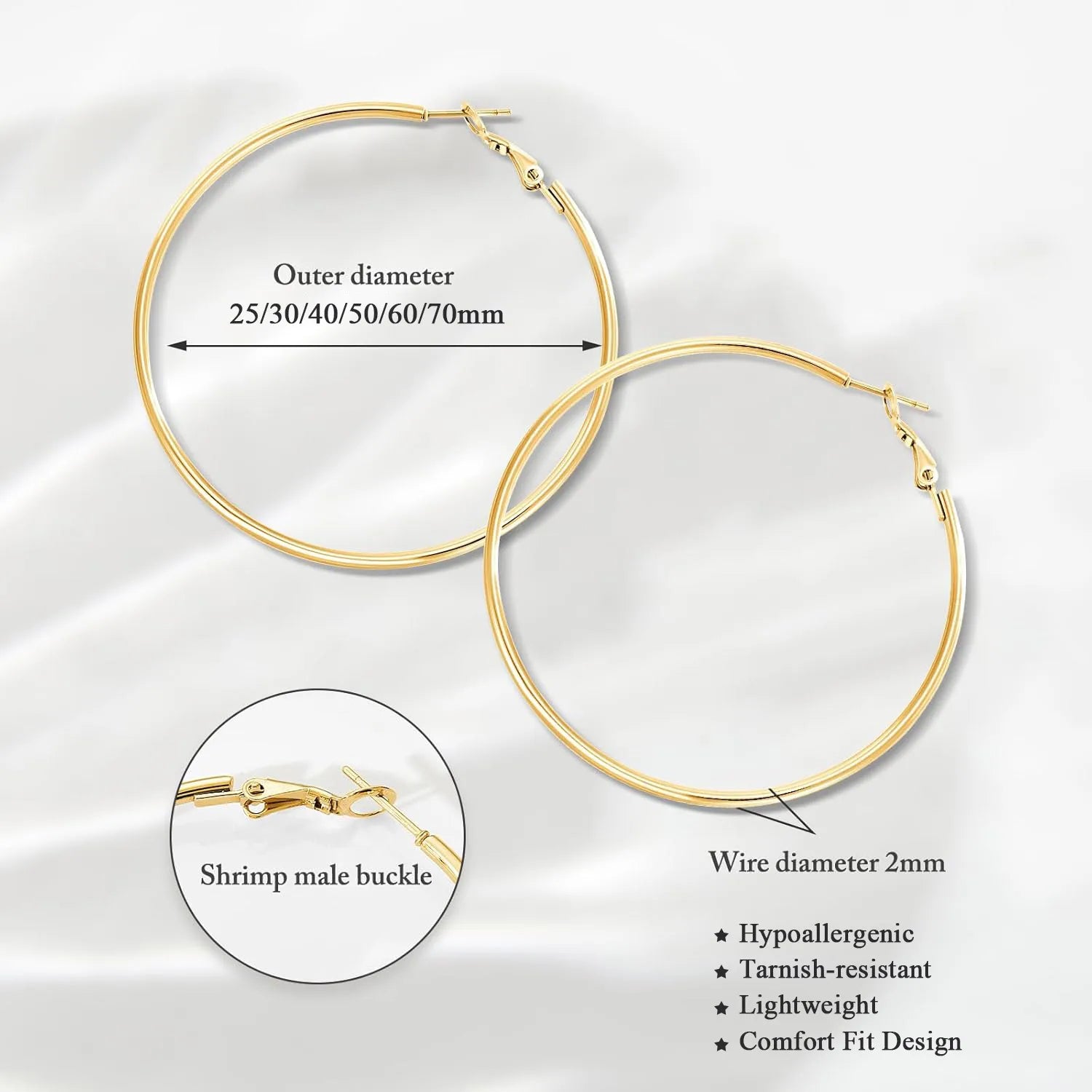 Classic Stainless Steel Big Circle Hoop Huggie Earrings for Women, 25mm/30mm/40mm/50mm/60mm/70mm Vera Lux
