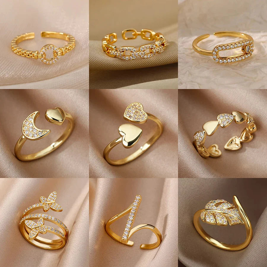 Zircon Heart Rings For Women Stainless Steel Gold Color Geometric Open Finger Ring Fashion Wedding Aesthetic Jewelry Gift Vera Lux