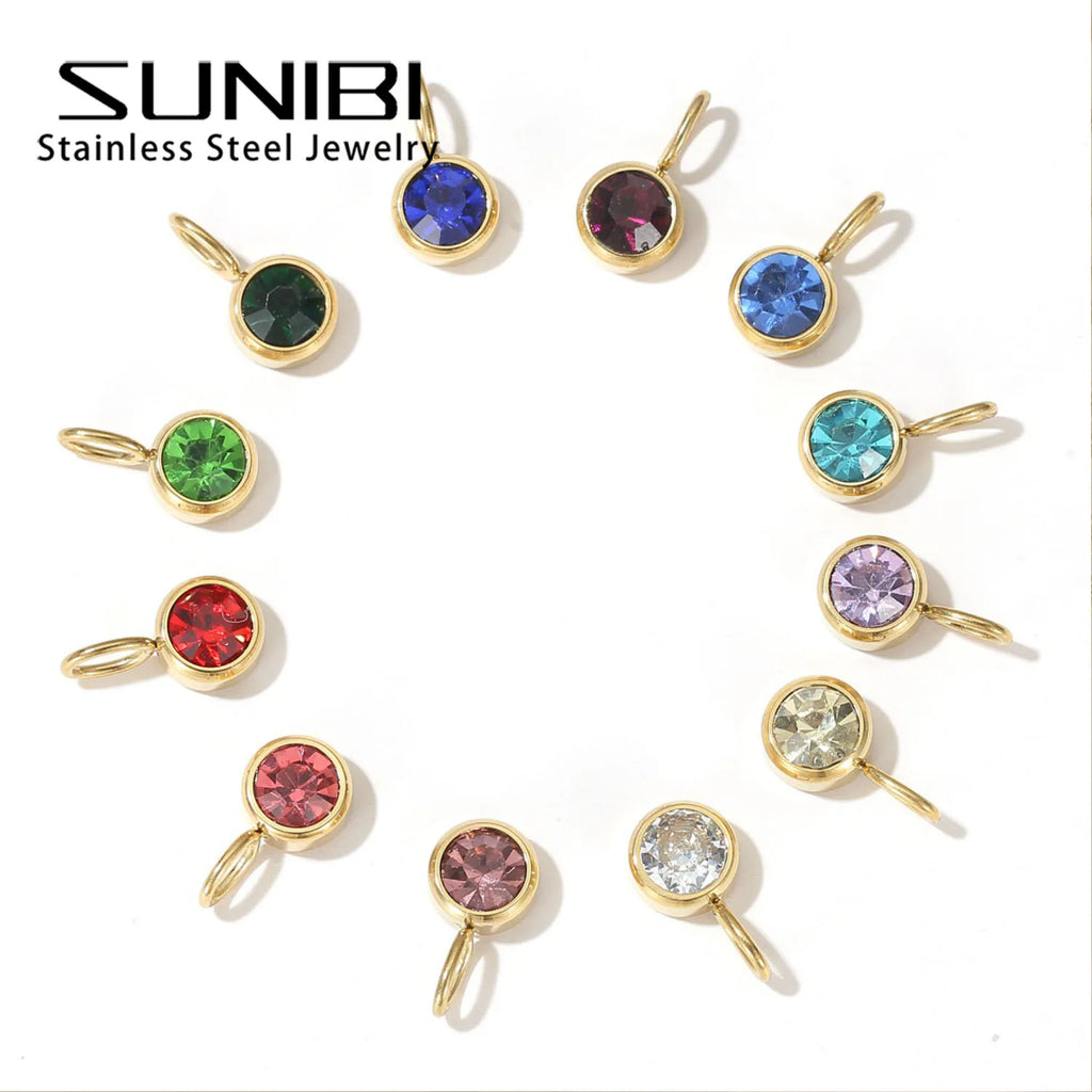 Zirconia Birthstone Pendant 12 Months Color Stone DIY Accessories for Necklace Stainless Steel Jewelry Birthday Gift Wholesale Vera Lux