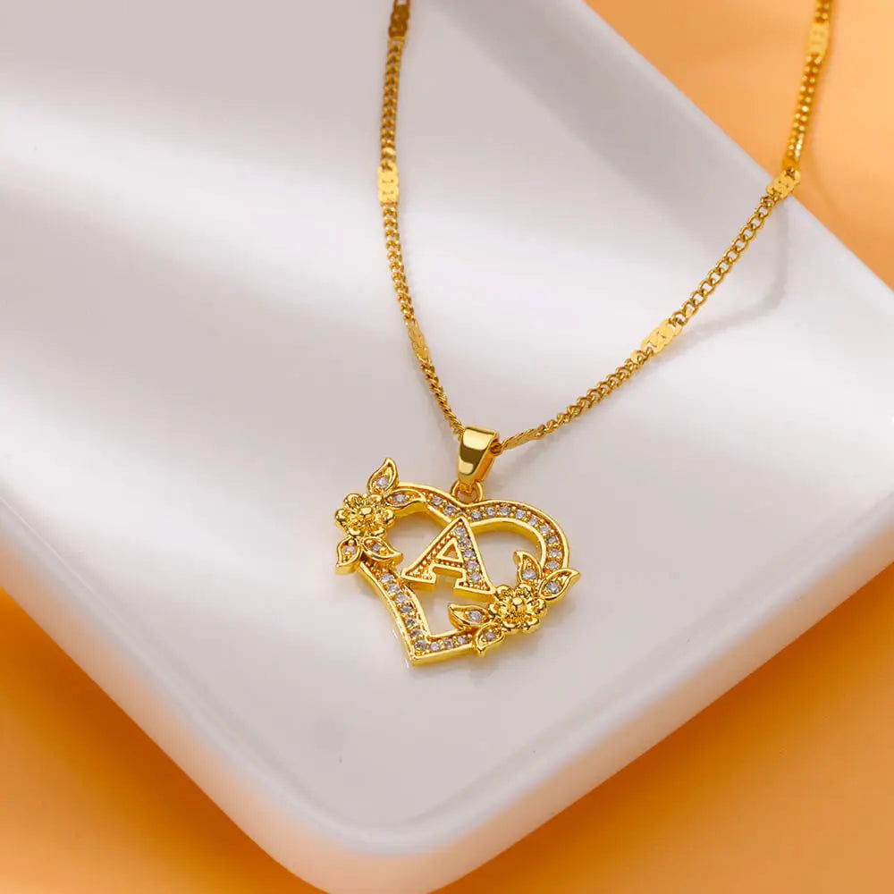 Zircon Flower Initials Necklaces For Women Stainless Steel Heart Gold Color Letter Chain Collar 2025 New Trend Wedding Jewelry Vera Lux