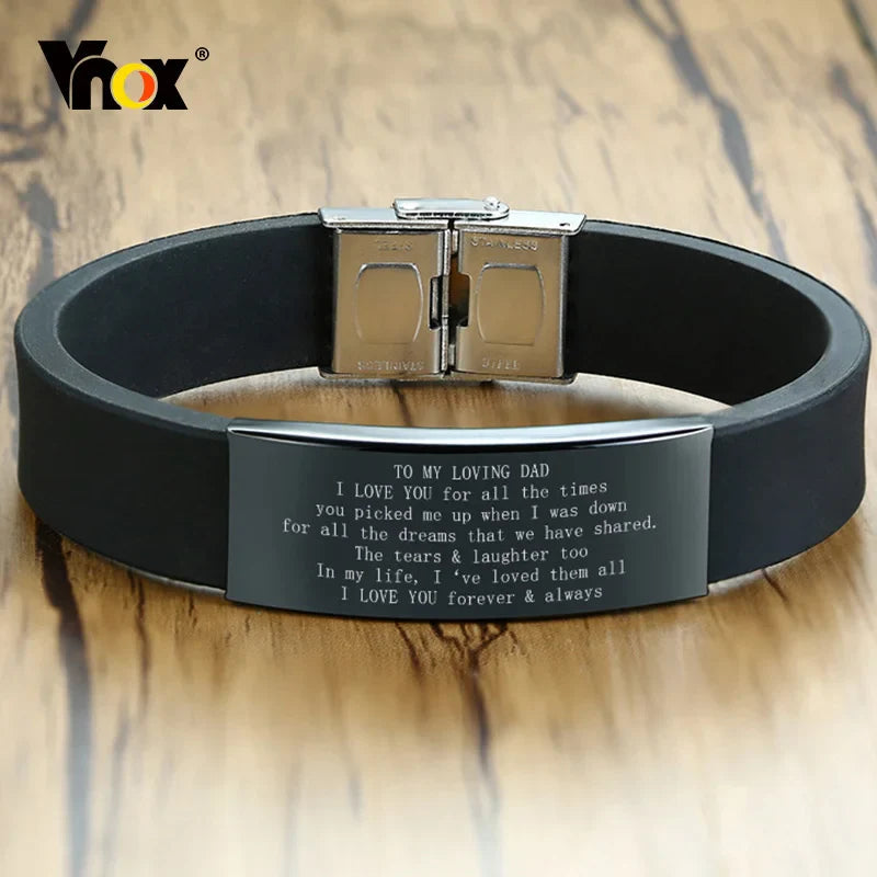 Vnox 16mm Father's Day Gift Bracelet,Black Rubber Silicone Bangle with Custom TO MY DAD Stainless Steel Bar,Men Casual Wristband Vera Lux