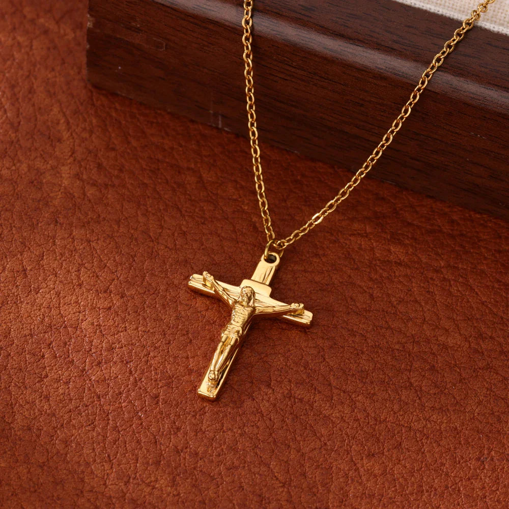 Stainless Steel Jesus Cross Necklace For Women Men Gold Color Caravaca Angels Crucifix Charm Choker Rapper Jewelry Hip Hop Gift Vera Lux