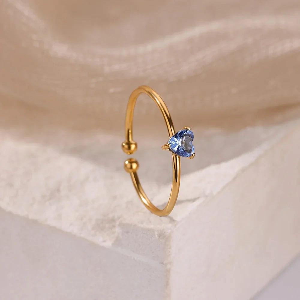 2025 Birth Colorful Cubic Zircon Heart Opening Rings For Women Fashion Dainty Stainless Steel Princess Ring Jewelry Wedding Gift Vera Lux