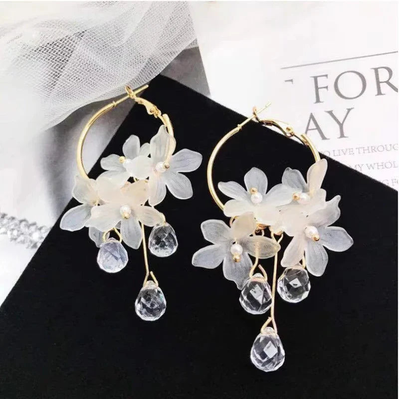 New korean Sweet Transparent Crystal Flower Drop Earrings For Women Temperament Long Tassel Earrings Female Elegant Jewelry Gift Vera Lux