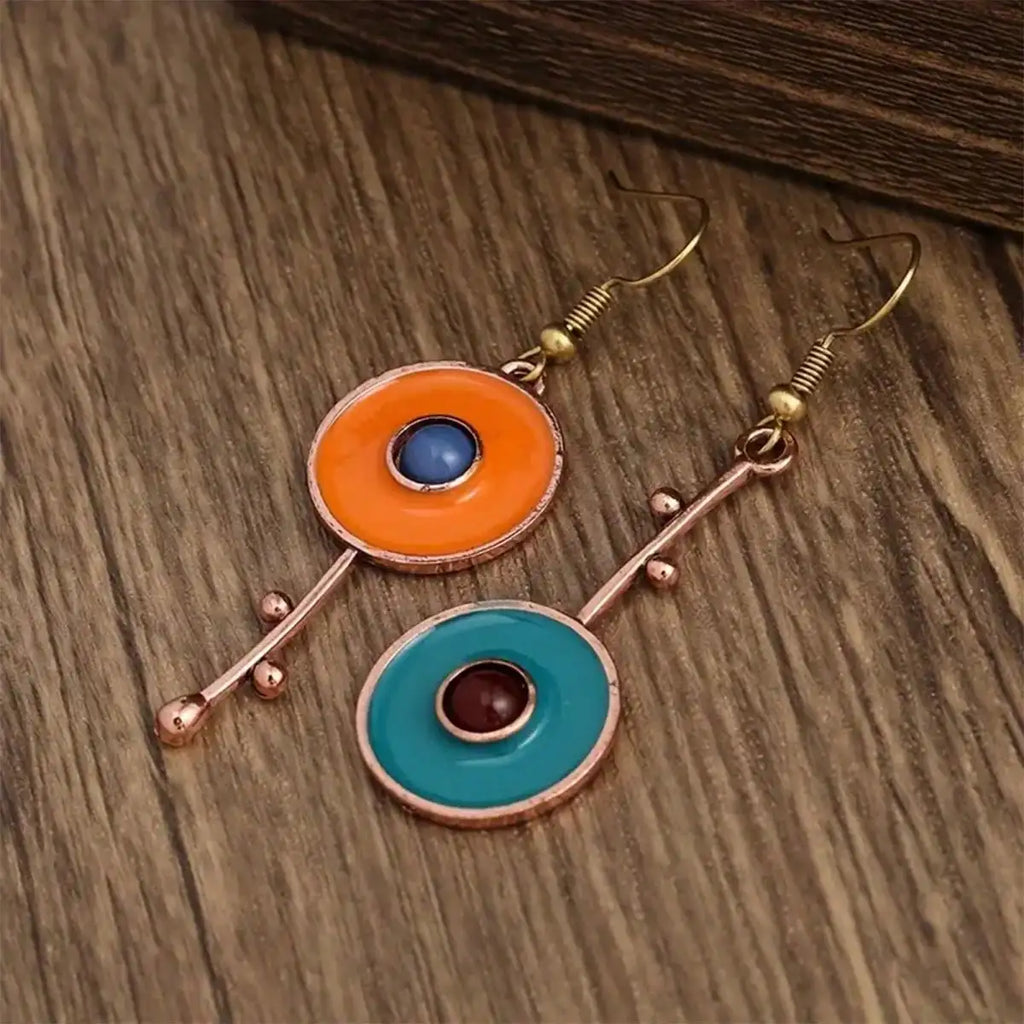 Bronze Metal Painting Pendant Earrings for Women's Ethnic Orange Blue Stone Personalized Earrings Jewelry Accessories Vera Lux