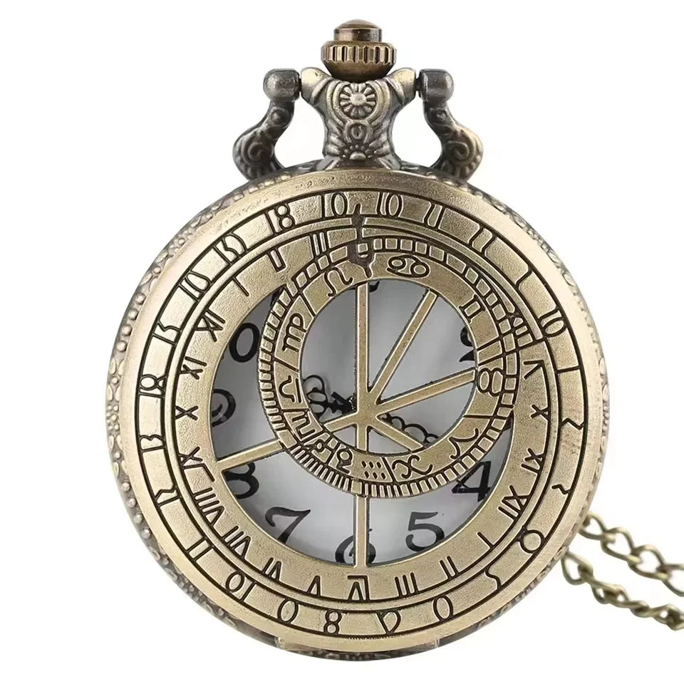 Zodiac Compass hollow out Pattern Bronze Retro Quartz Pocket Watches Men Women Necklace Watch Antique Pendant Gifts Vera Lux