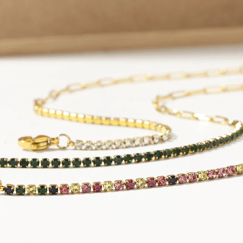 2mm Thin Colorful CZ Stainless Steel Stackable Chain Bracelet for Women Girl Vera Lux