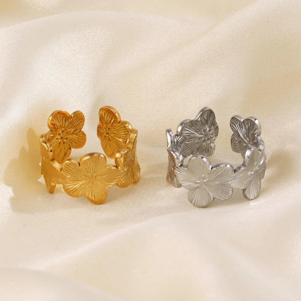 Stainless Steel Flower Adjustable Opening Rings 18k Gold PVD Plated Waterproof Finger Jewelry For Women Wedding Exquisite Gifts Vera Lux