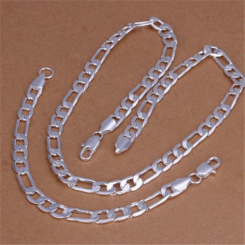 925 Sterling Silver Bracelet Necklace Jewelry Set Men And Women Classic 8MM Chain Fashion Charm Wedding Holiday Gift Vera Lux