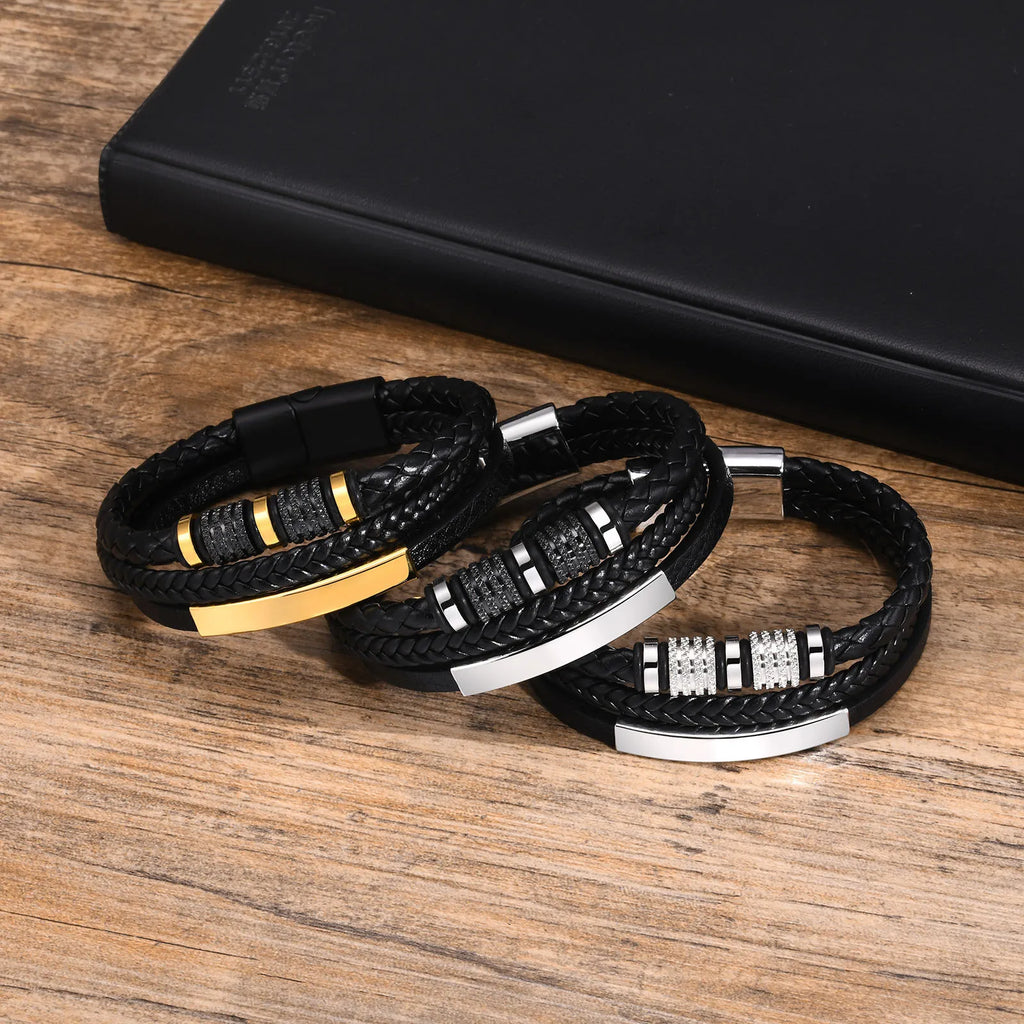 Vnox Personalized Braided Leather Bracelet for Men Handmade Triple Woven Pu Leather Bracelet Custom Name Text Jewelry Gifts Vera Lux