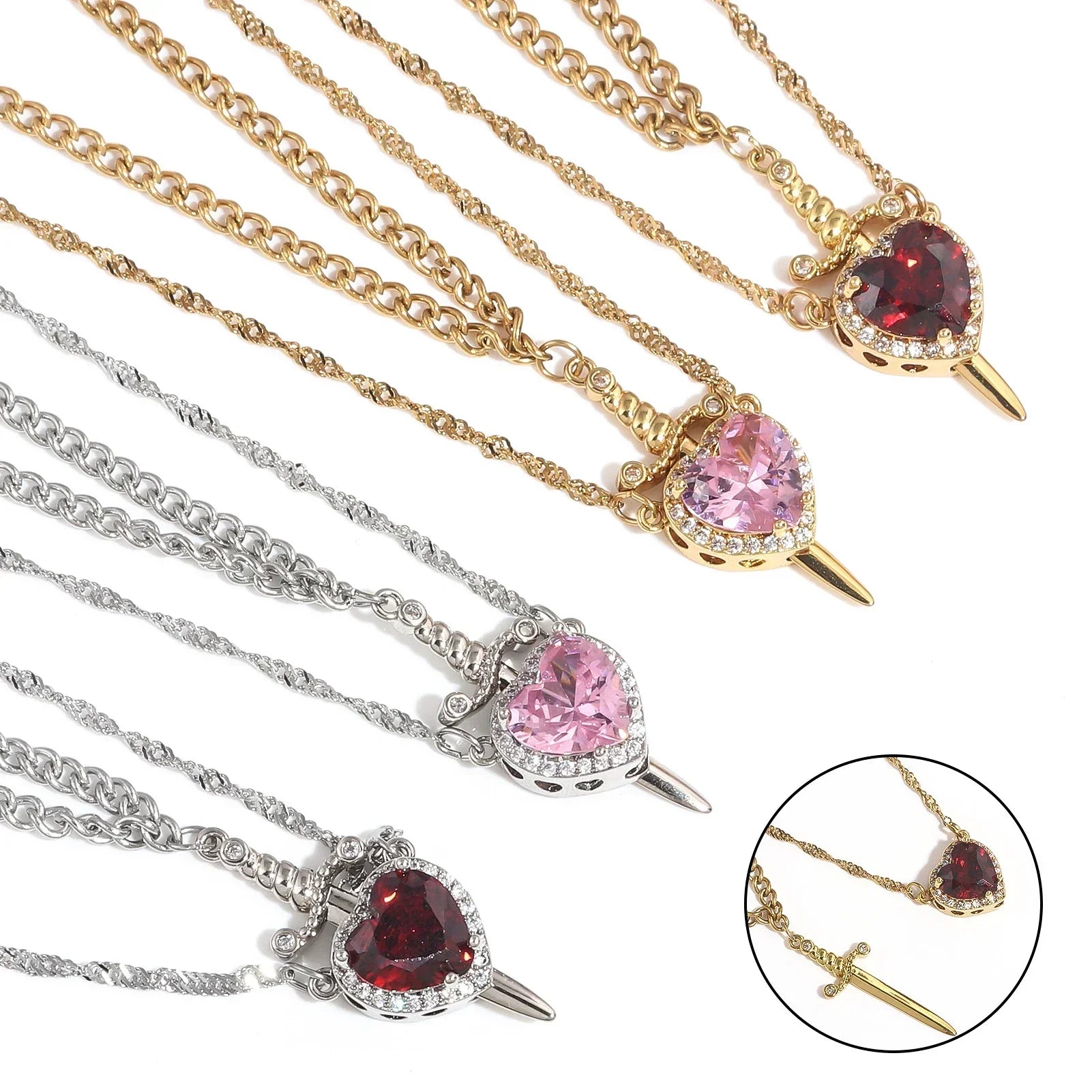 LATS 2pcs Can Be Assembled Heart and Sword Zircon Pendant Necklace for Women Men Couple Silver Gold Plated Choker Chain Jewelry Vera Lux