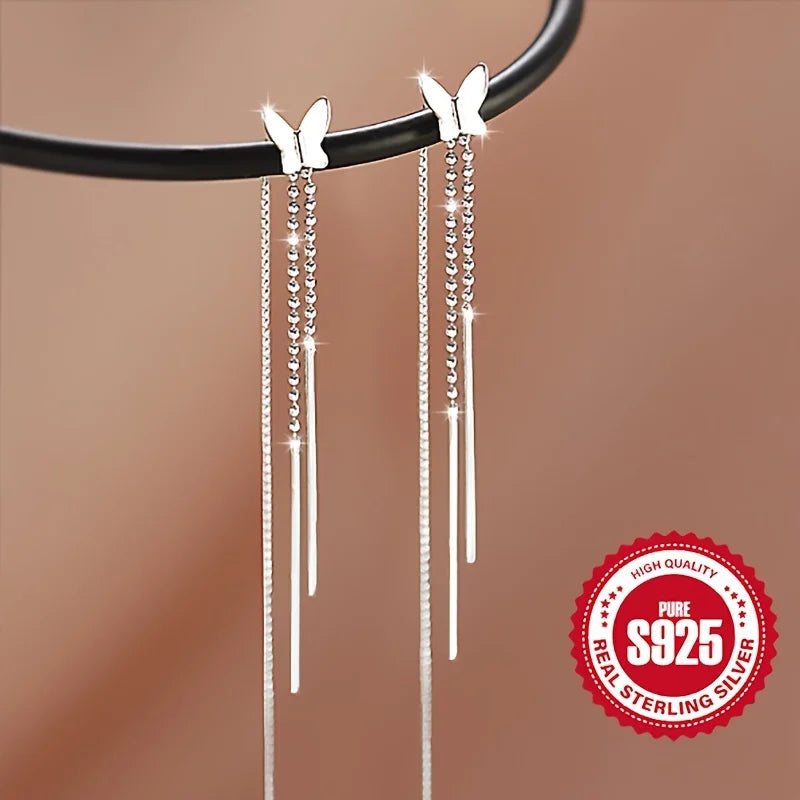 Pair of S925 Silver Butterfly Tassel Earrings for Ladies Low Allergy Sweet Girl Versatile Daily Accessory Perfect Gift for Women Vera Lux