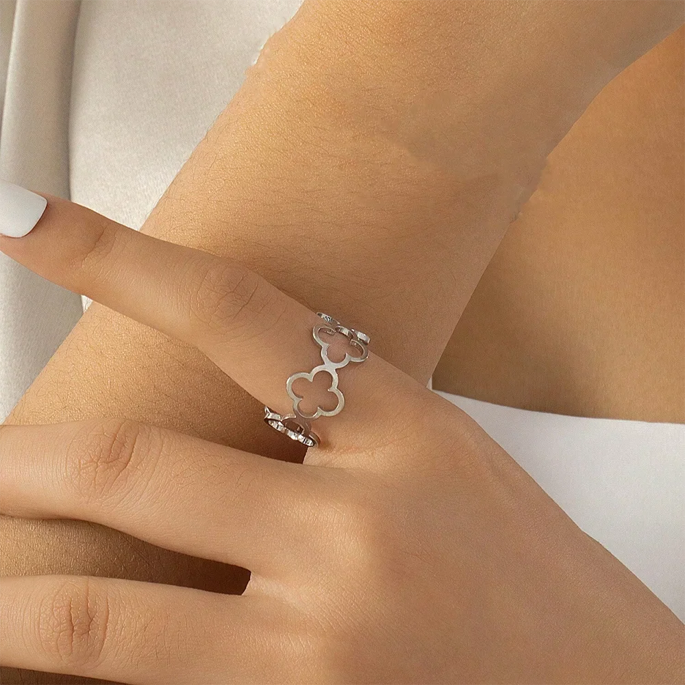 DOTIF Stainless Steel Lucky Hollow Four-Leaf Clover Ring Female Fashion Simple Opening Adjustable Finger Jewelry Party Gifts Vera Lux