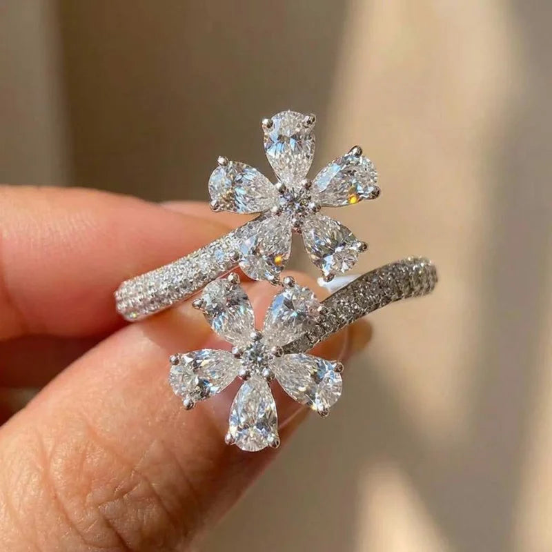 925 Sterling Silve Aesthetic Flower Adjustable Finger Ring Female Brilliant Zirconia Jewelry for Engagement Delicate Accessories Vera Lux
