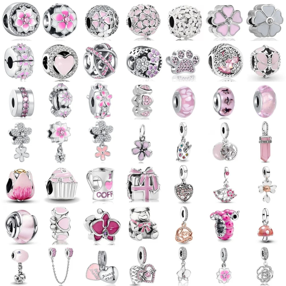 Hot selling 925 silver pink series flower dog paw heart-shaped pendant, Fit original bracelet DIY accessories, exquisite jewelry Vera Lux