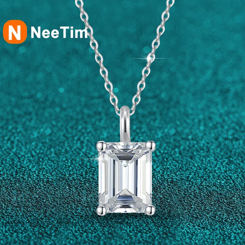 NeeTim 1ct 2ct  3ct 4ct Emerald Cut Moissanite Pendant Necklace for Women S925 Silver with White Gold Plated Necklaces Chain Vera Lux