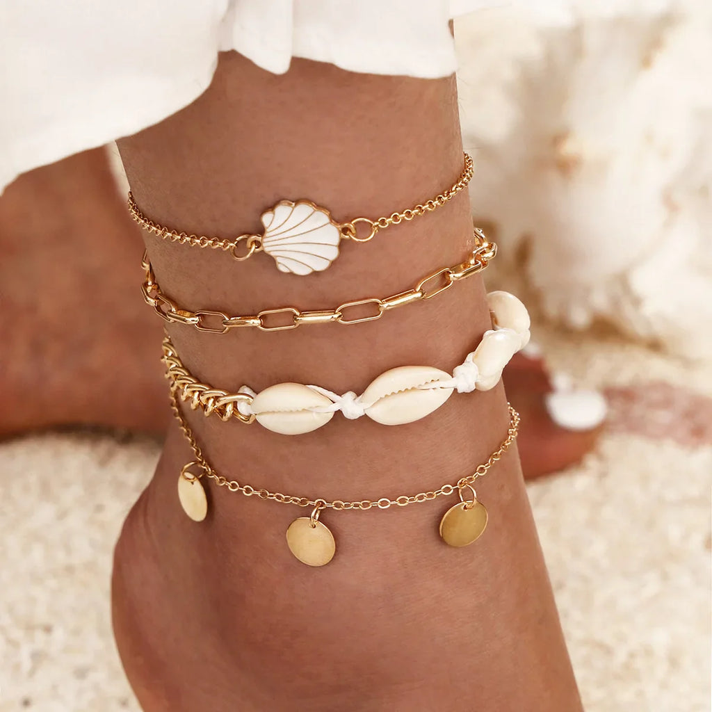 New Summer Shell Anklet Set For Women Sequin Beach Ankle Bracelet Gold Color Leg Chain On Foot Female Bohemian Jewelry Vera Lux