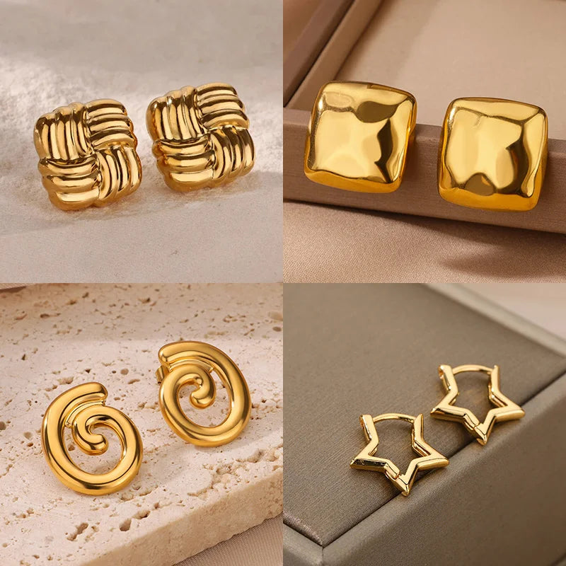 Temperament Square Texture Earring For Women Stainless Steel Gold Color Personality Trend Stud Earring Fashion Jewelry Exquisite Vera Lux