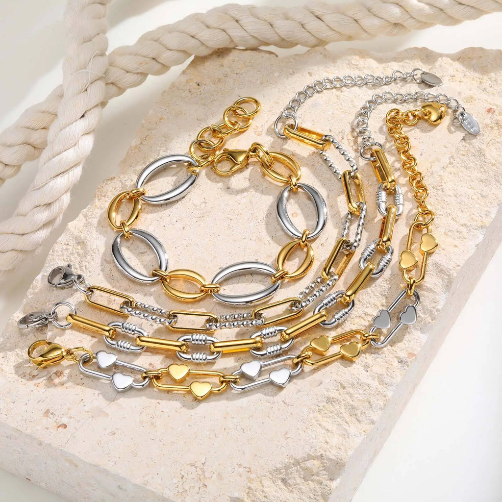 Two Tone Chain Bracelet for Women, Chunky Mixed Metal Link, Stainless Steel Waterproof Jewelry, Stylish Adjustable Wristband Vera Lux