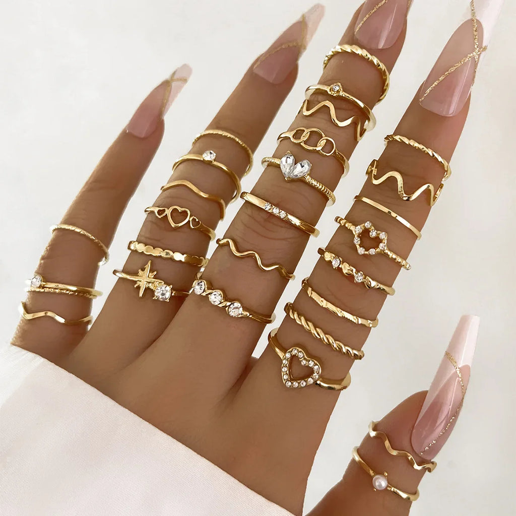 28Pcs Fashion Geometric Knuckle Rings Set For Women Crystal Heart Gold Silver Color Rings Girls  Party Jewelry Accessories Vera Lux