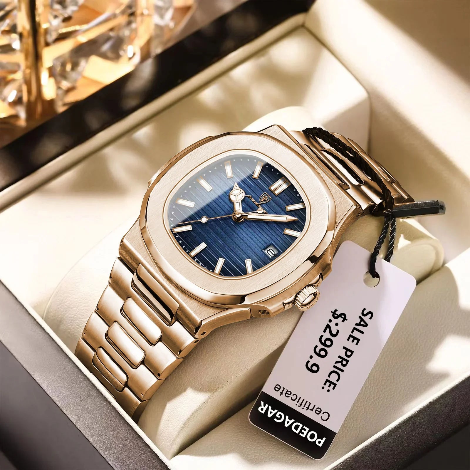 POEDAGAR Fashion Square Male Quartz Watch Waterproof Luminous Date Stainless Steel Man Watch Business Luxury Men's Watches Reloj Vera Lux