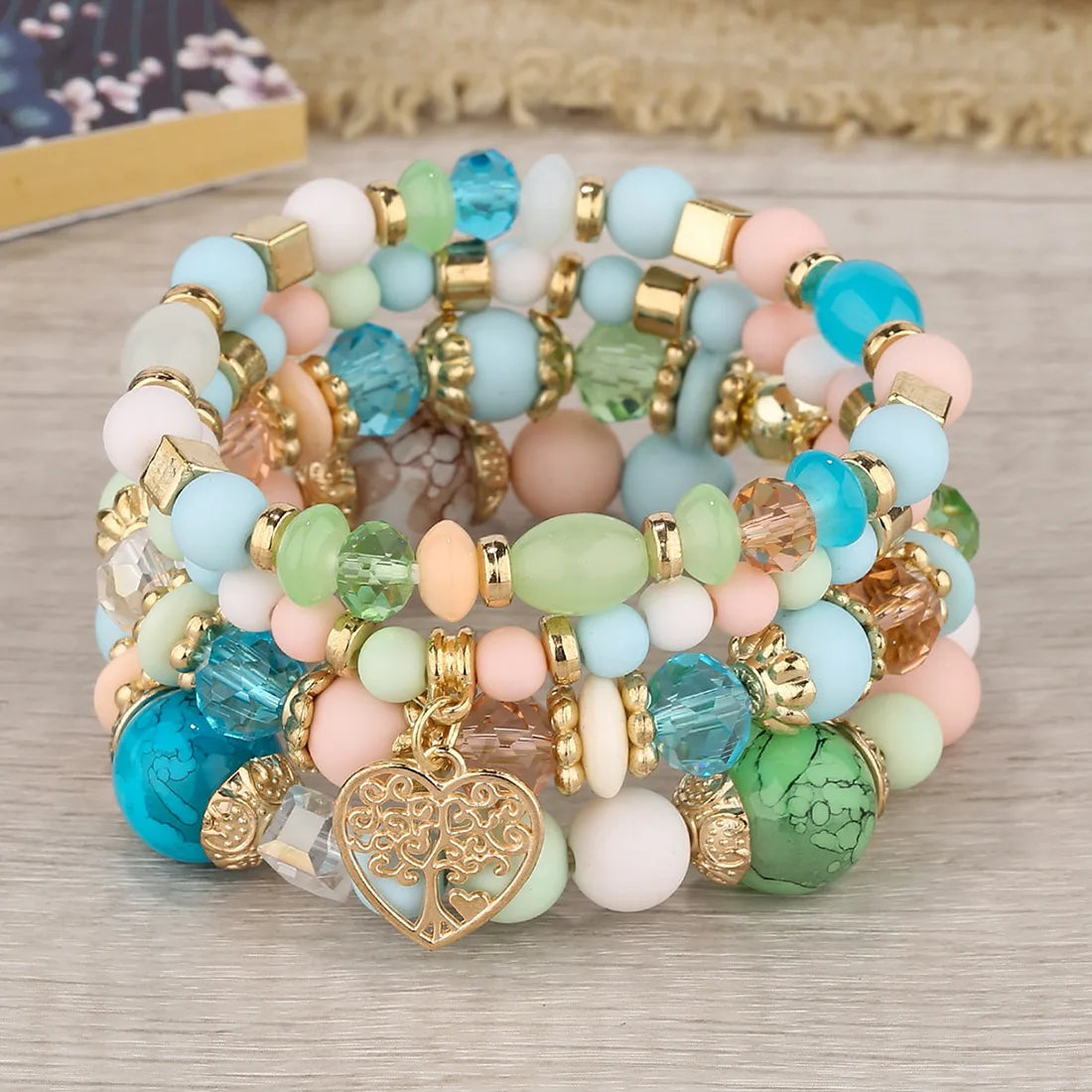 4Pcs Tree of Life Heart Bracelet Set For Women Acrylic Glass Beads Chain Elastic Bangle Female Fashion Party Jewelry Vera Lux