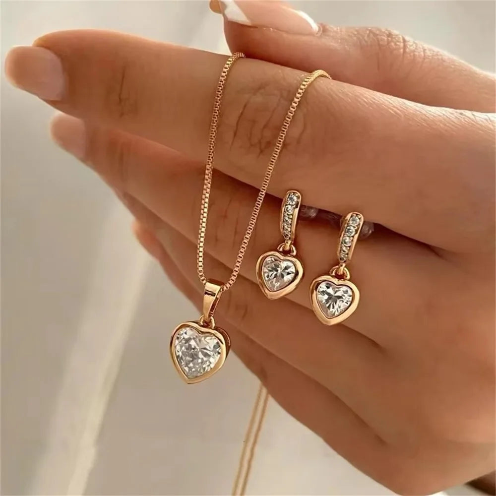 3 Pcs Heart Pendant Jewelry Set Of Earring Pendant Necklace For Women Exquisite Fashion Rhinestone Double Heart Jewelry Set Gift Vera Lux