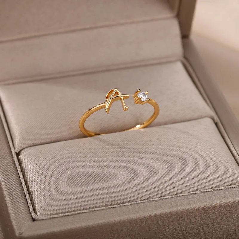 Zircon Tiny Initial Letter Rings For Women Stainless Steel A-Z Letters Adjustable Ring Female Christmas Aesthetic Jewelry Gift Vera Lux