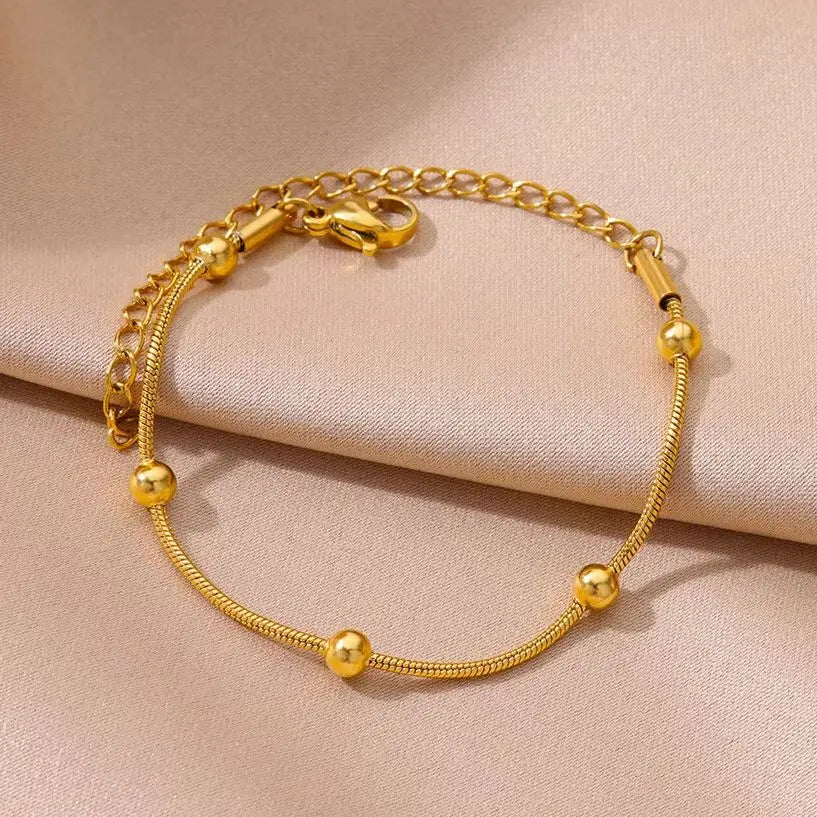 Stainless Steel Beaded Round Snake Chain Bracelets For Women Gold Color Geometric Bracelet Luxury Wedding Party Jewelry Gift Vera Lux