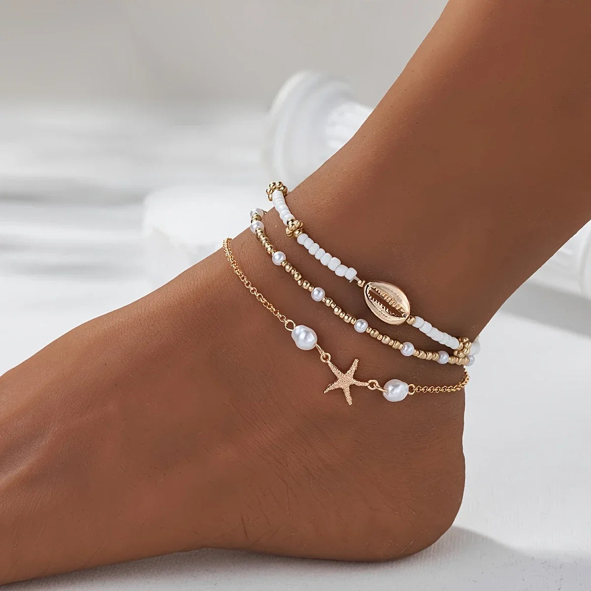 3 Pcs Beach Beaded Anklet Set for Women Vintage Summer Gold Color Starfish Shell Charms Anklet Vacation Daily Wear Jewelry Gifts Vera Lux