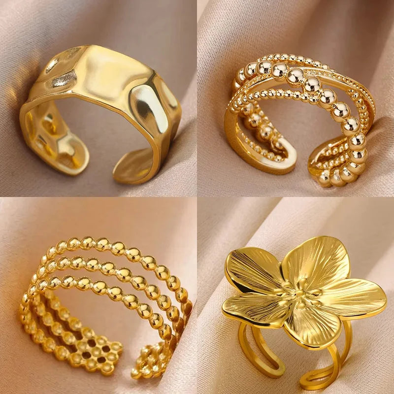 Stainless Steel Beads Design Rings For Women Gold Color Opening Ring Wedding Aesthetic Accessories Party Jewelry Gift BFF anillo Vera Lux